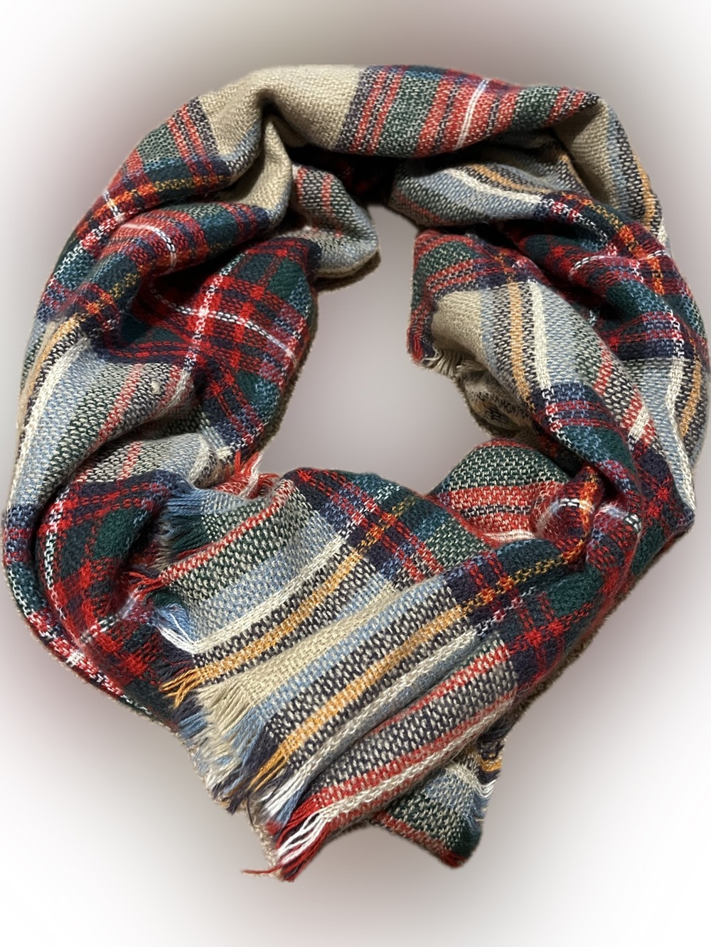 ModCloth Red, Green & Cream Plaid Fringe Scarf